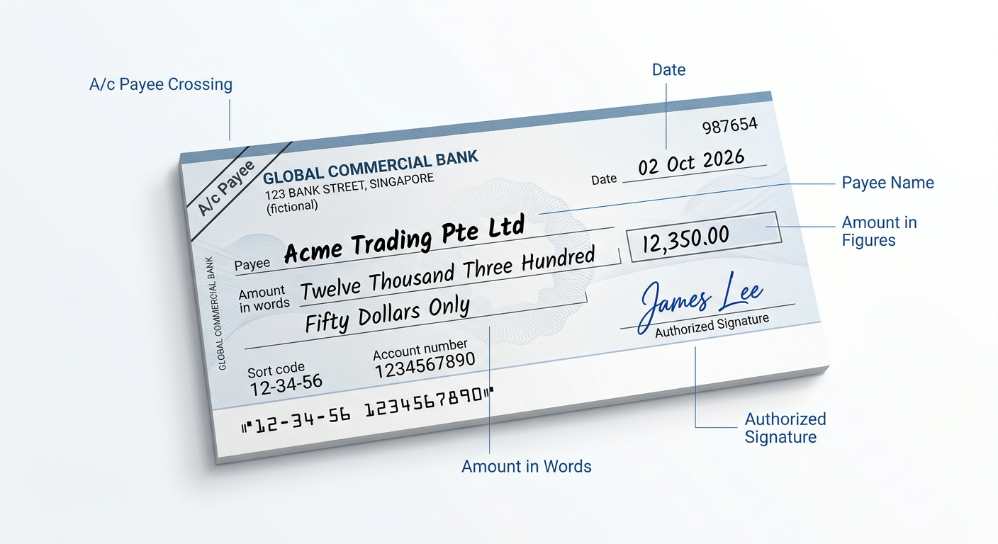 Diagram of a printed cheque showing payee name, date, amount in figures, amount in words, A/c Payee crossing, and signature line — all auto-filled by ChequePro