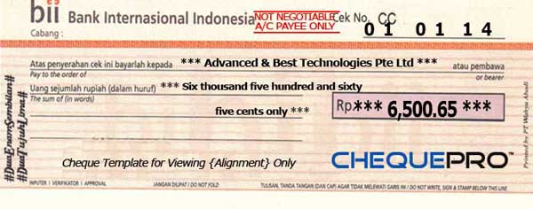 Cheque printing writing software for Indonesia banks